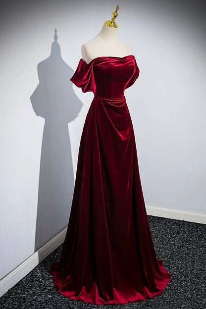 Elegant Velvet Floor Length Prom Dress, Burgundy Off the Shoulder Party Dress