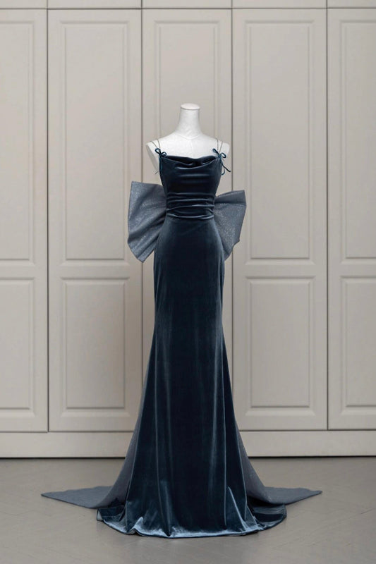 Blue Velvet Blue Prom Dress, Mermaid Backless Evening Party Dress with Bow