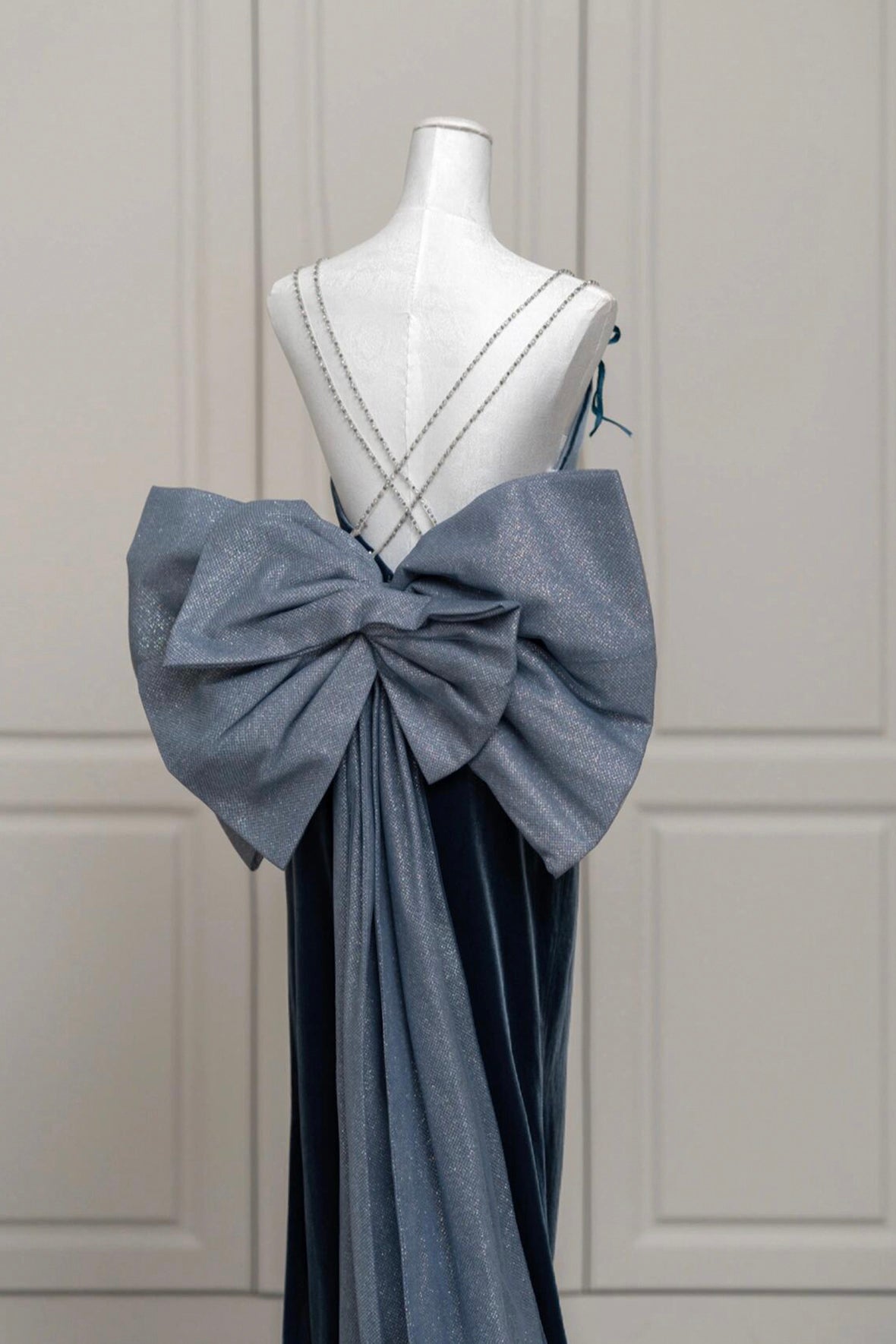 Blue Velvet Blue Prom Dress, Mermaid Backless Evening Party Dress with Bow