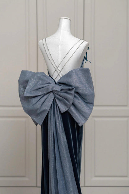 Blue Velvet Blue Prom Dress, Mermaid Backless Evening Party Dress with Bow