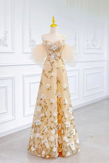 Champagne Tulle Floral Long Prom Dress, Lovely A-Line Party Dress