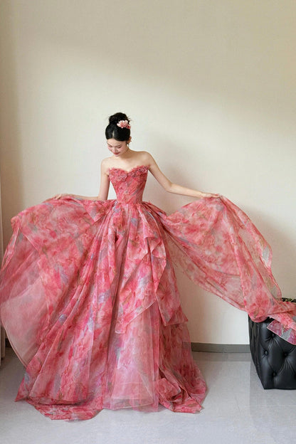 Red Floral Print Long Prom Dress, A-Line Strapless Evening Dress