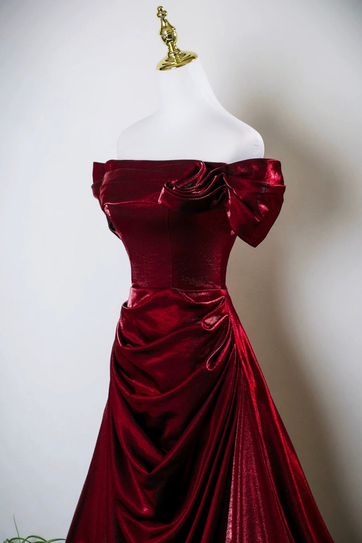 Burgundy Satin Long Prom Dress, Off the Shoulder Evening Party Dress