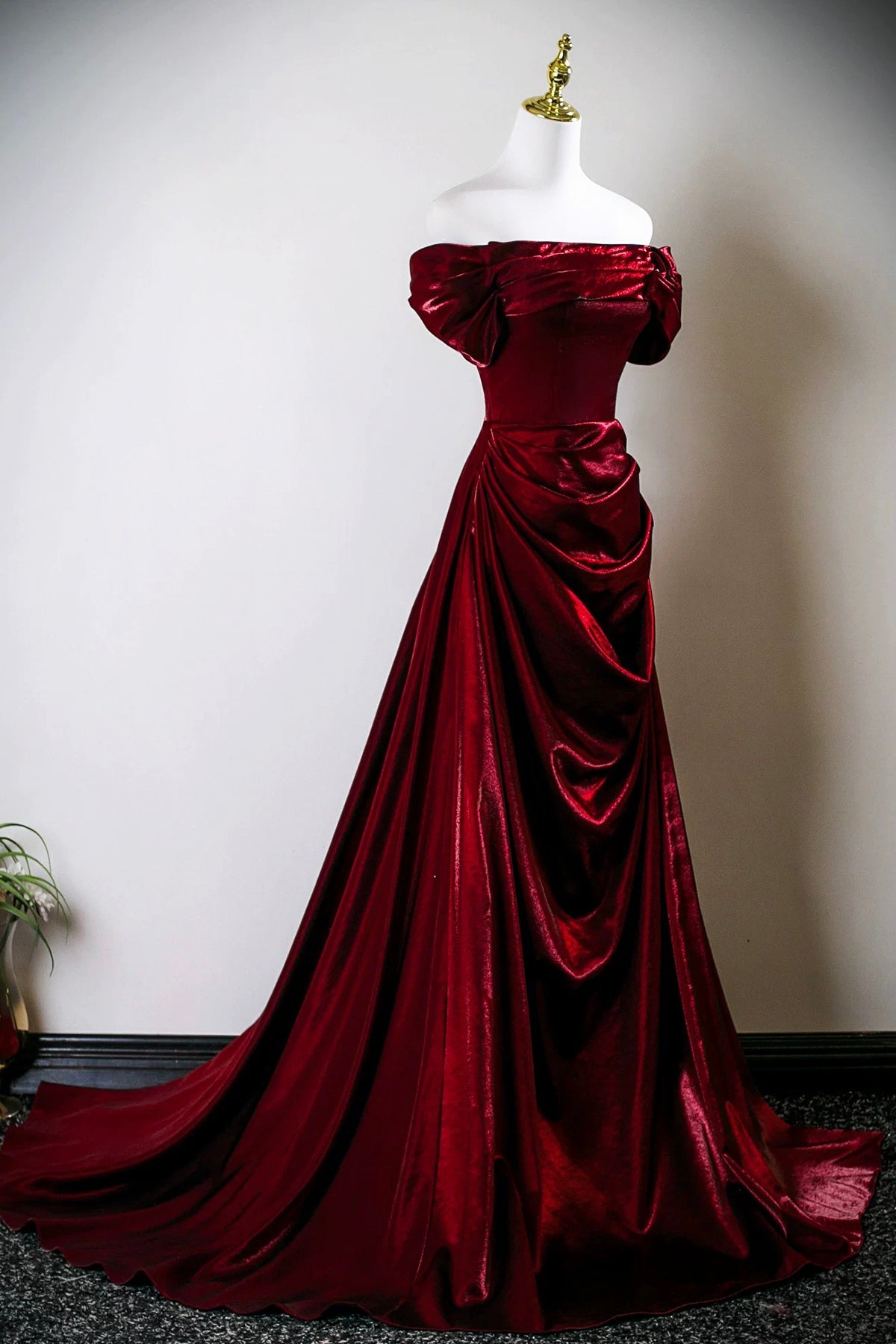 Burgundy Satin Long Prom Dress, Off the Shoulder Evening Party Dress