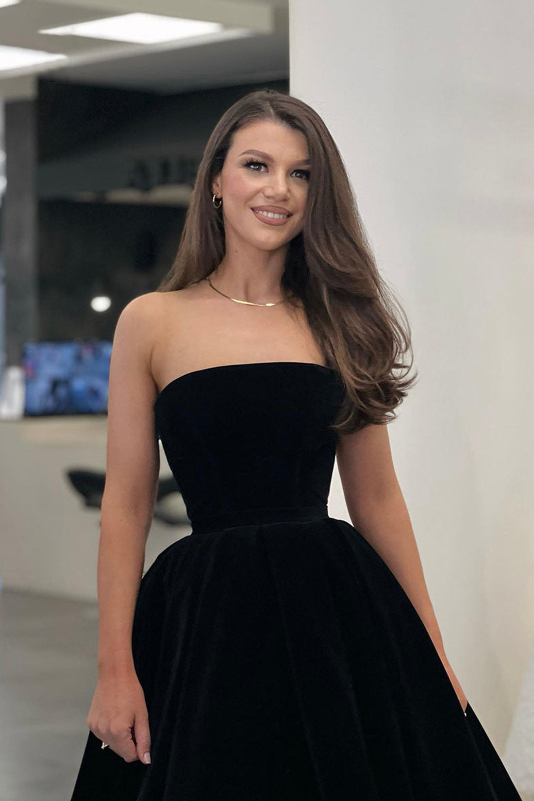 Short Black Velvet Evening Dresses, Black Strapless Velvet Party Dress