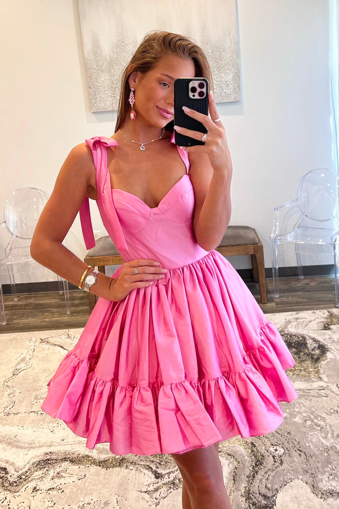 Pink Short Graduation Dress, Cute A-line Sweetheart Satin Pink Homecoming Dress