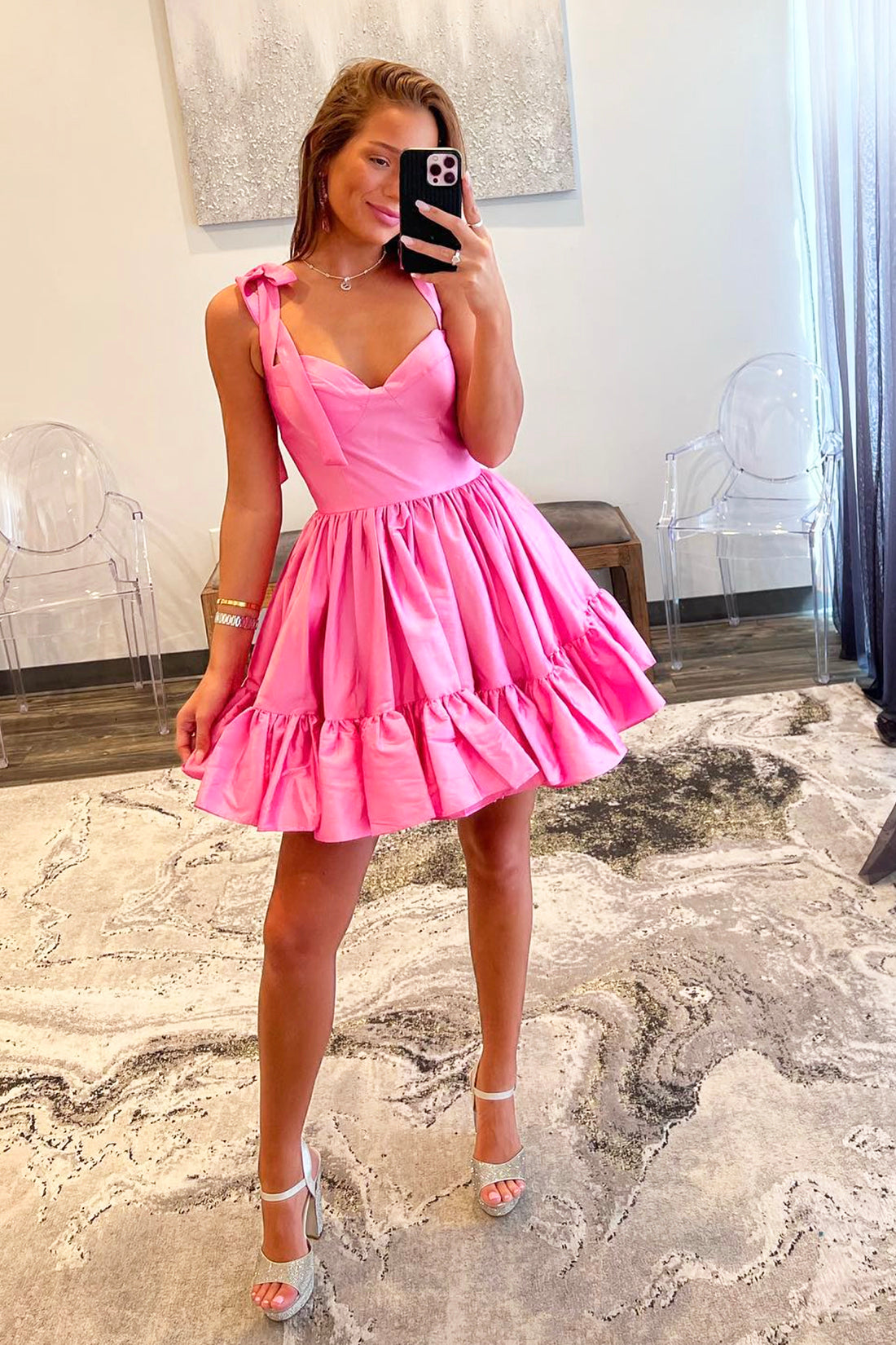 Pink Short Graduation Dress, Cute A-line Sweetheart Satin Pink Homecoming Dress
