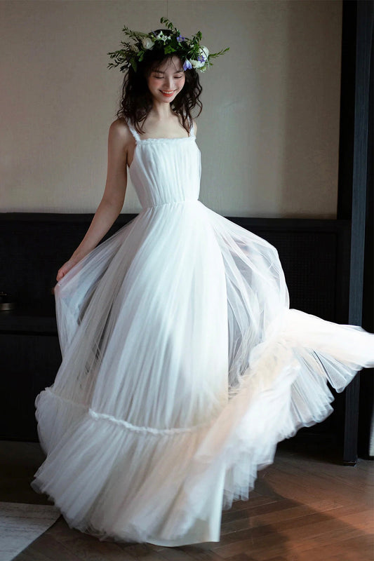 White Tulle Spaghetti Straps Floor Length Party Dress, White Evening Prom Dress