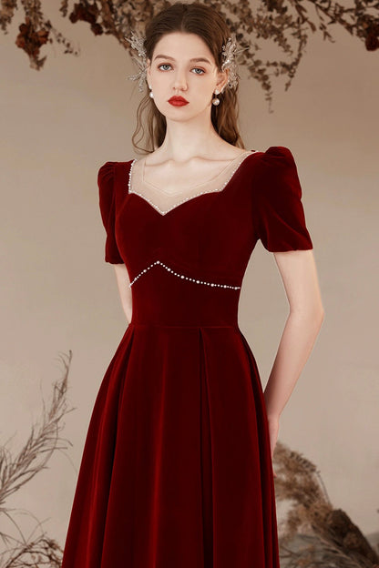 Burgundy Velvet Long Prom Dress with Pearls, Burgundy Elegant Evening Dress
