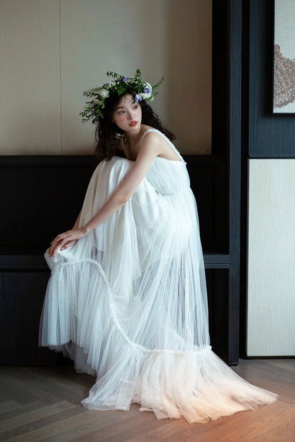 White Tulle Spaghetti Straps Floor Length Party Dress, White Evening Prom Dress