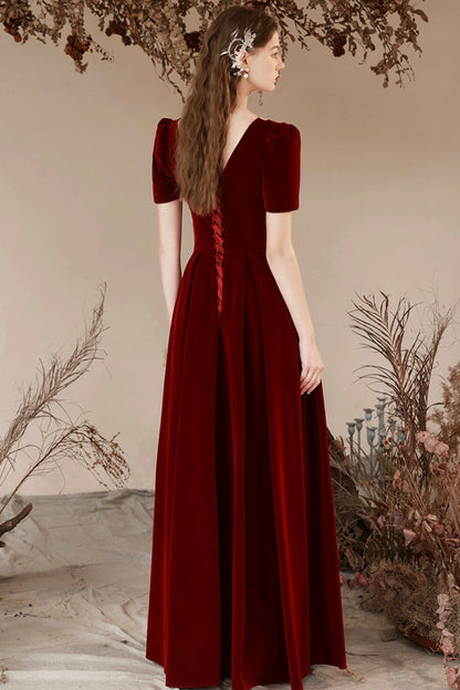 Burgundy Velvet Long Prom Dress with Pearls, Burgundy Elegant Evening Dress