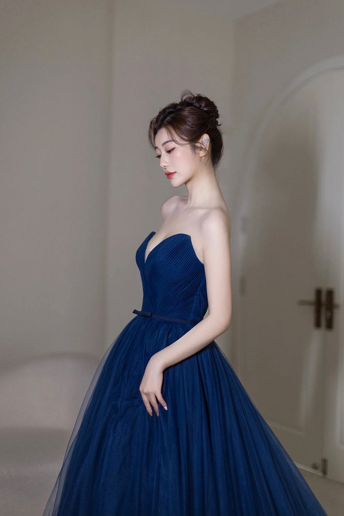 Blue Strapless Tulle Long Formal Dress, A-Line Sweetheart Neckline Evening Dress