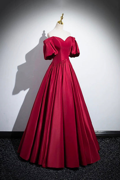 Burgundy Satin Floor Length A-Line Prom Dress, Off the Shoulder Evening Party Dress