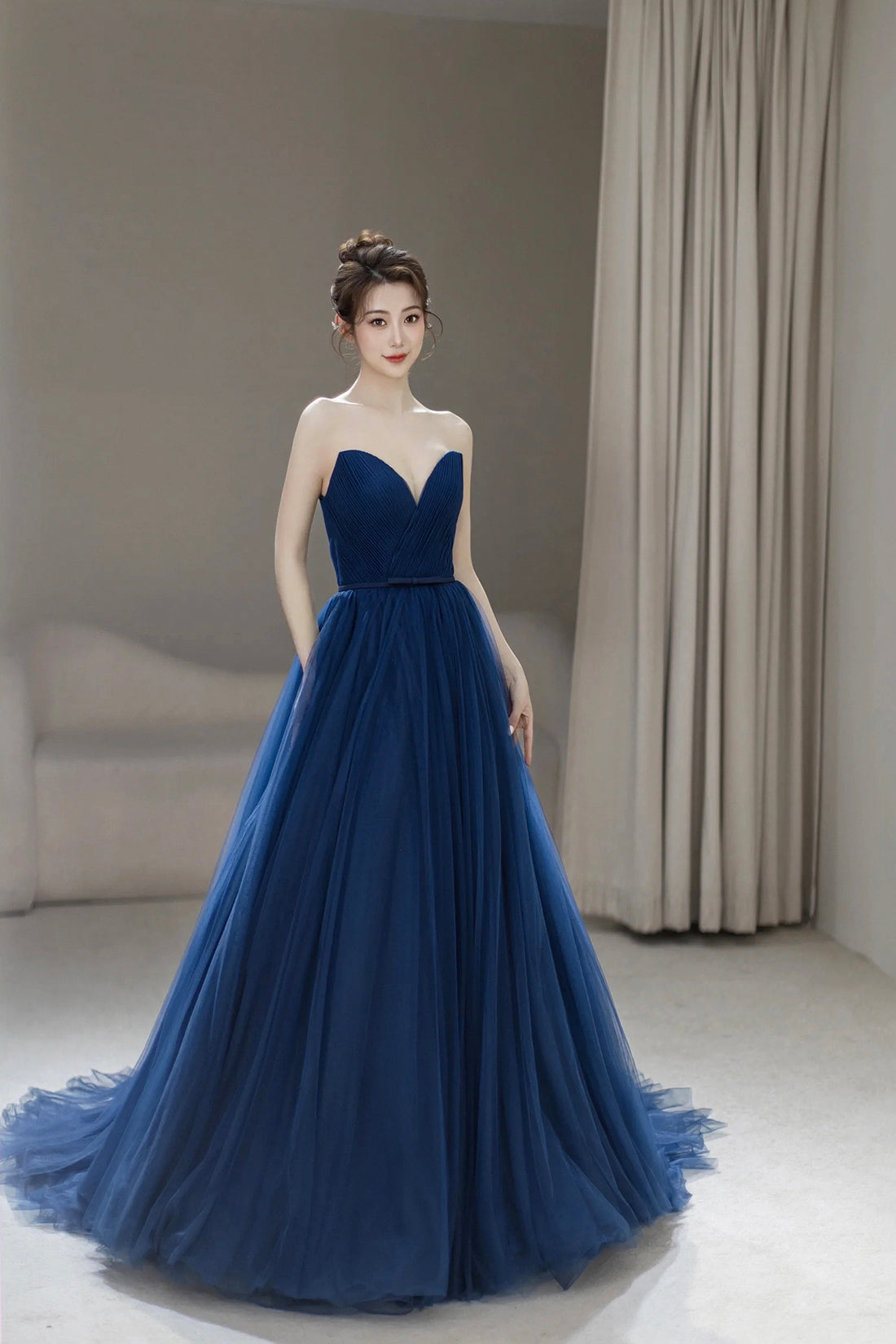 Blue Strapless Tulle Long Formal Dress, A-Line Sweetheart Neckline Evening Dress