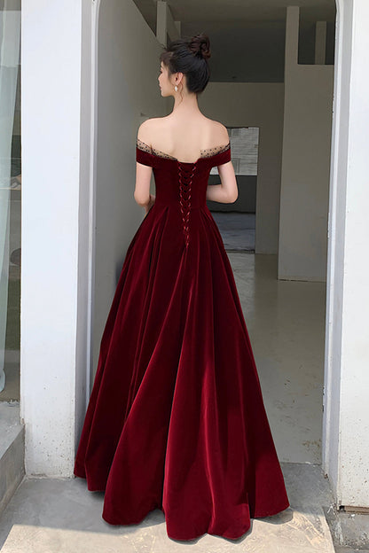 Burgundy Velvet Floor Length Prom Dress, Beautiful A-Line Evening Party Dress