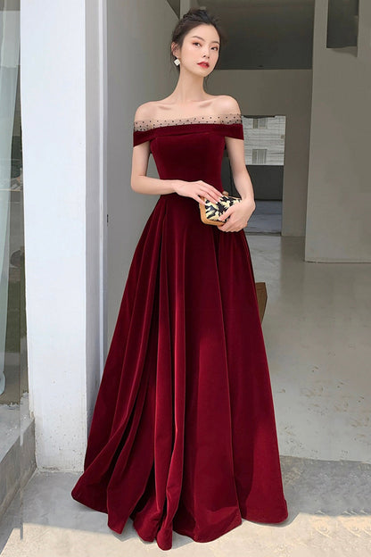 Burgundy Velvet Floor Length Prom Dress, Beautiful A-Line Evening Party Dress