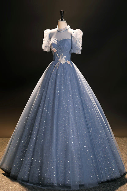 Blue Tulle Floor Length Prom Dress, A-Line Short Sleeve Evening Dress