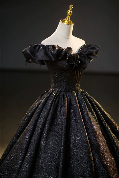 Black Floor Length V-neck Off the Shoulder Formal Dress, Black A-Line Evening Dress