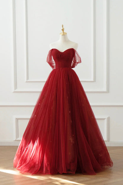 Burgundy Tulle Floor Length A-Line Formal Dress, Off the Shoulder Evening Party Dress