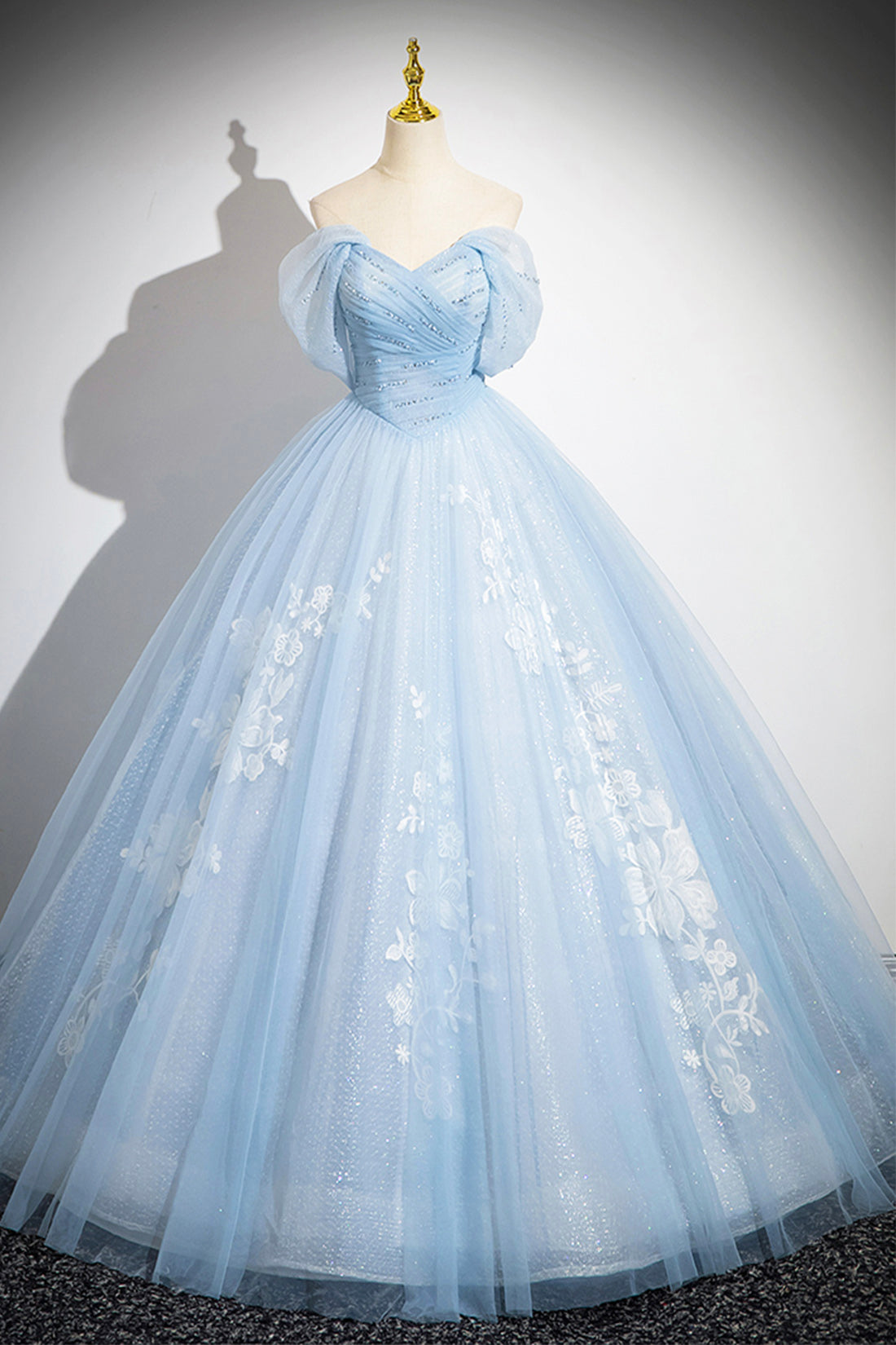 Blue Tulle Lace Long Prom Dress, Off the Shoulder Evening Party Dress