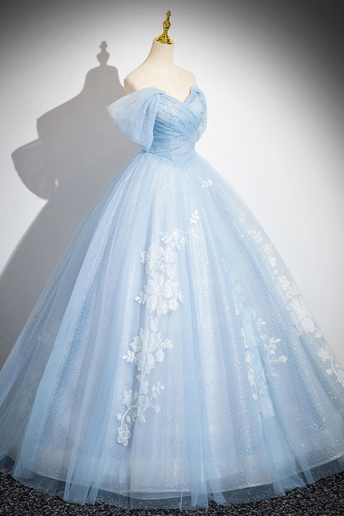Blue Tulle Lace Long Prom Dress, Off the Shoulder Evening Party Dress