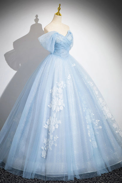 Blue Tulle Lace Long Prom Dress, Off the Shoulder Evening Party Dress