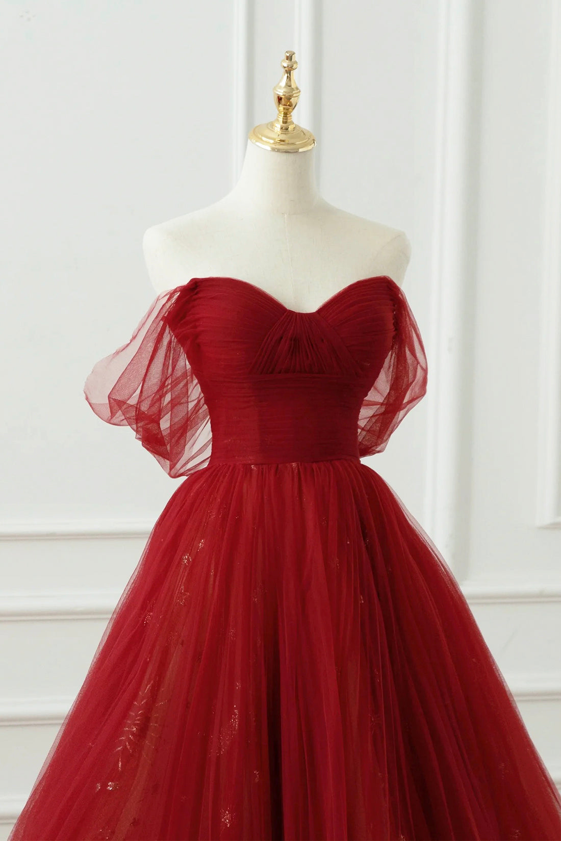 Burgundy Tulle Floor Length A-Line Formal Dress, Off the Shoulder Evening Party Dress