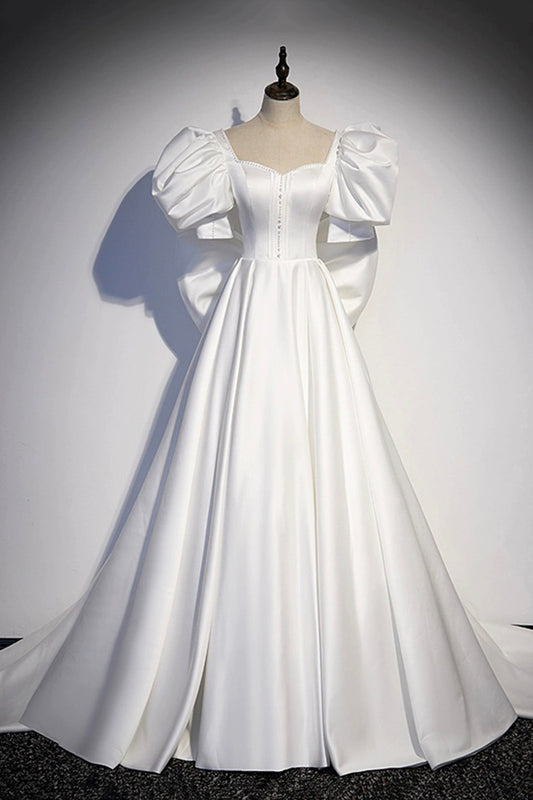 White Satin Long Prom Dress, Beautiful Short Sleeve Evening Dress with Bow