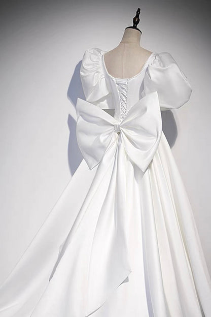 White Satin Long Prom Dress, Beautiful Short Sleeve Evening Dress with Bow