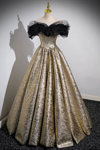 Sparkly Black and Gold Glitter Prom Dresses Ball Gown, Off the Shoulder Evening Party Dress
