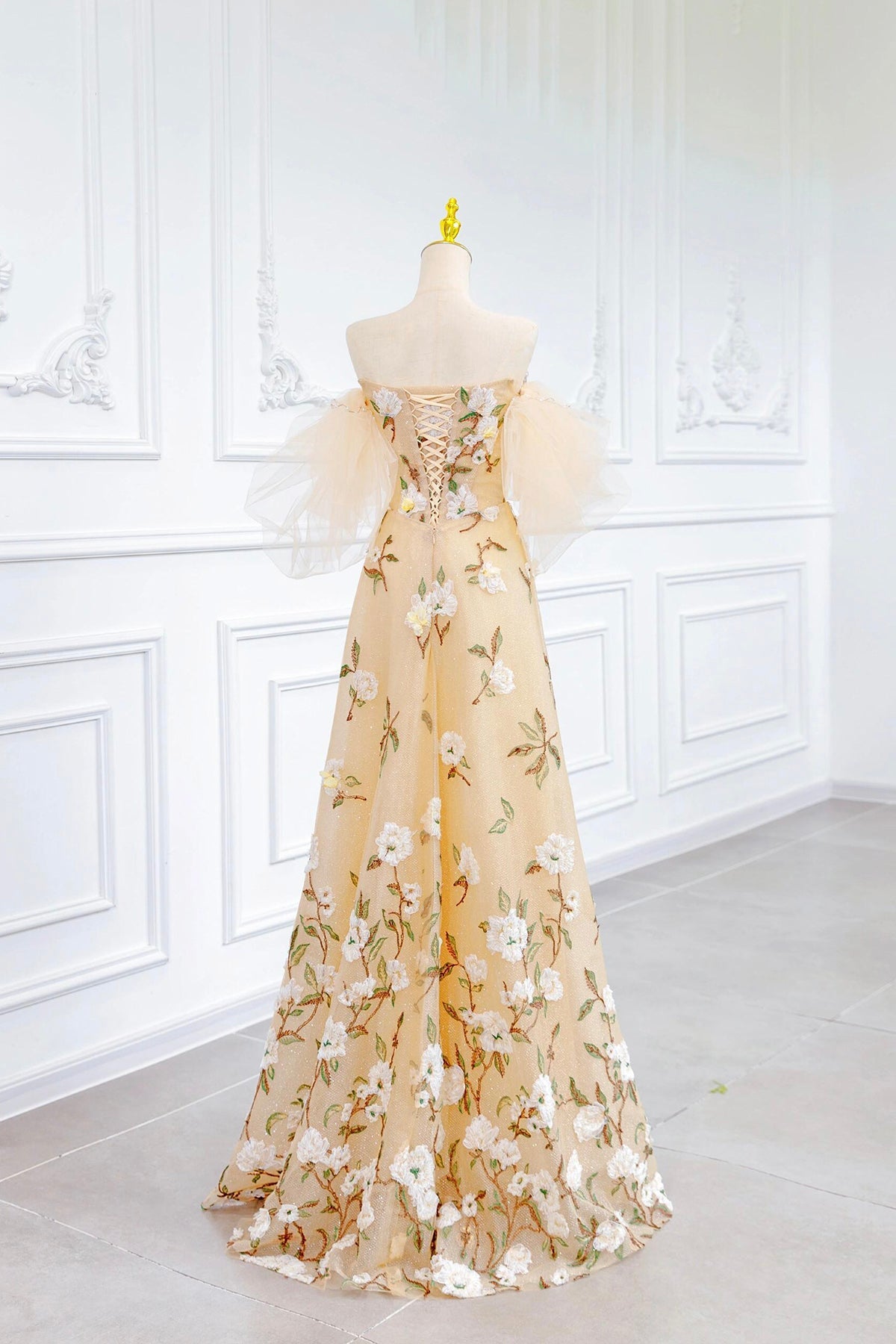 Champagne Tulle Floral Long Prom Dress, Lovely A-Line Party Dress