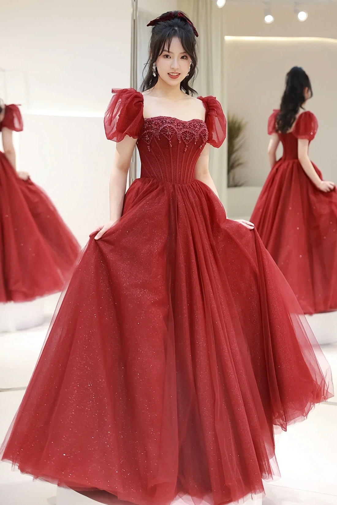 Burgundy Tulle Beaded Floor Length Prom Dress, Beautiful Short Sleeve Evening Party Dress