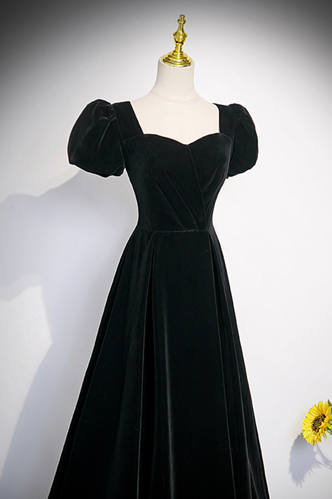 Black Velvet Short Sleeve Floor Length Prom Dress, Simple A-Line Evening Party Dress
