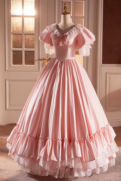 Pink Satin Lace Long Prom Dress, Pink Short Sleeve Evening Party Dress