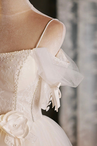 Lovely Spaghetti Strap Tulle Short Prom Dress, Light Champagne A-Line Evening Party Dress