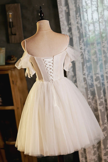 Lovely Spaghetti Strap Tulle Short Prom Dress, Light Champagne A-Line Evening Party Dress
