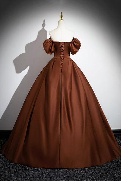 Brown Satin Long A-Line Prom Dress, Off the Shoulder Evening Party Dress