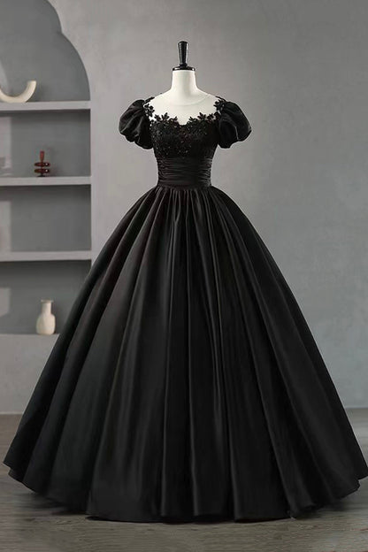 Black Satin Lace Long Prom Dress, A-Line Scoop Neckline Short Sleeve Evening Dress
