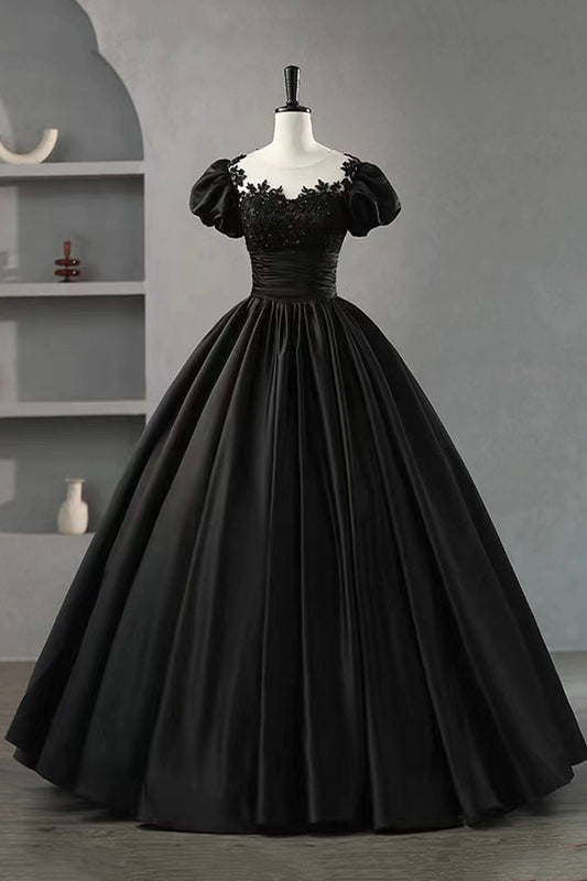 Black Satin Lace Long Prom Dress, A-Line Scoop Neckline Short Sleeve Evening Dress