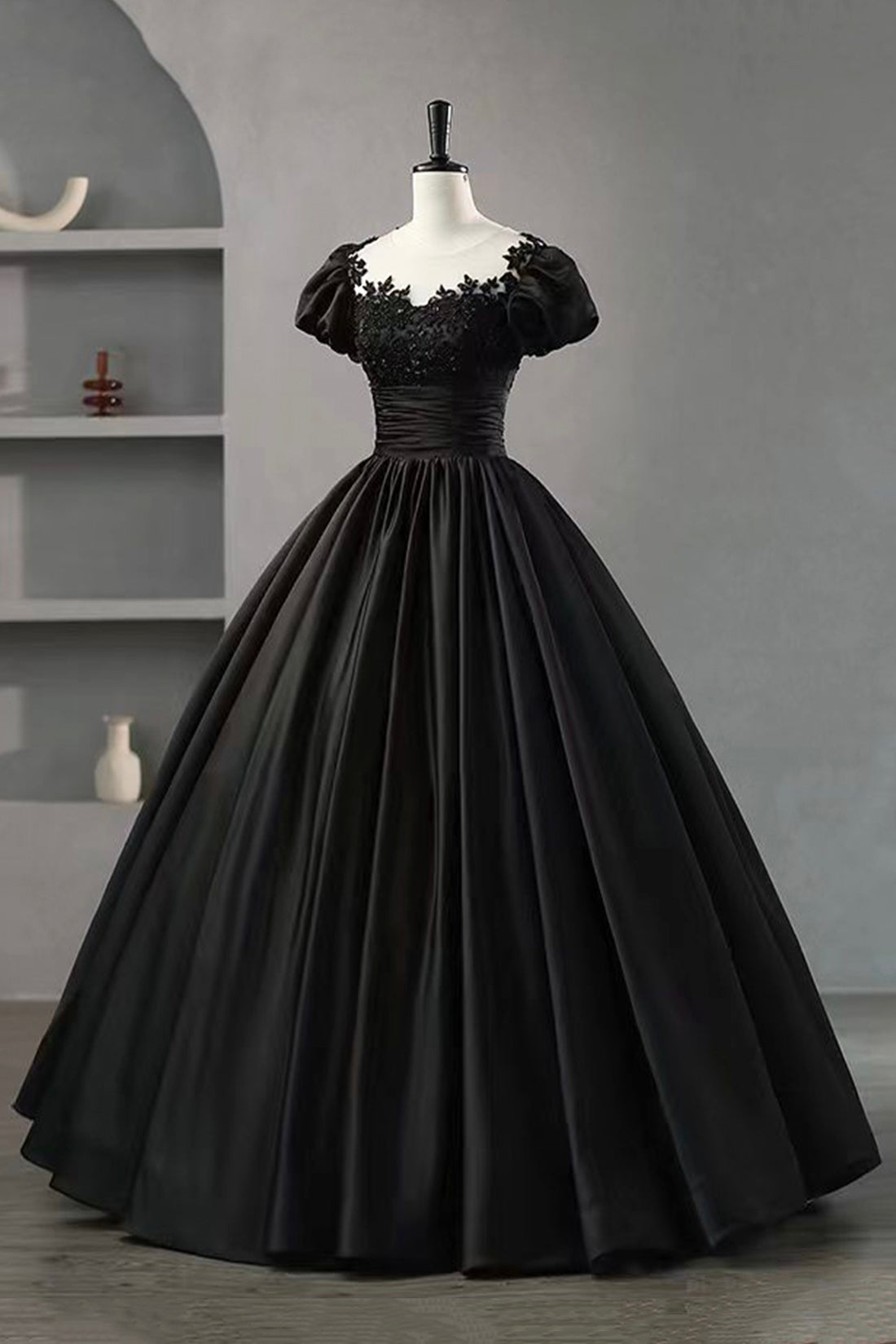 Black Satin Lace Long Prom Dress, A-Line Scoop Neckline Short Sleeve Evening Dress
