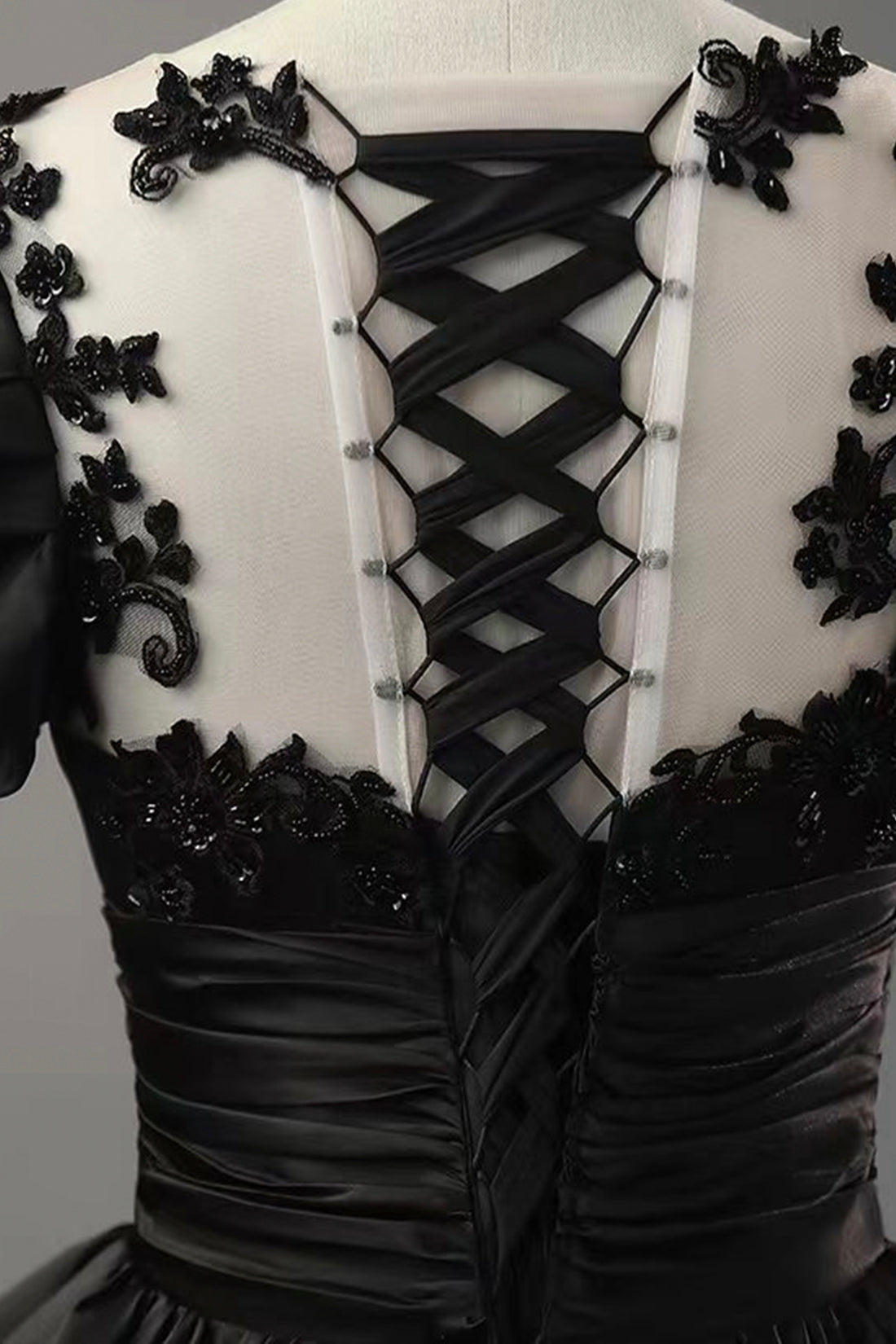 Black Satin Lace Long Prom Dress, A-Line Scoop Neckline Short Sleeve Evening Dress