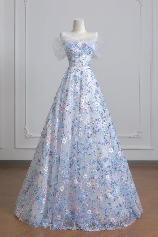 Blue Floral Tulle Long Prom Dress, Beautiful A-Line Off the Shoulder Party Dress