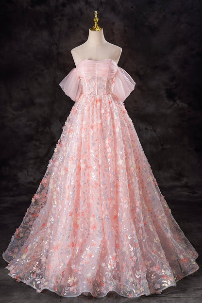 A-Line Pink Flowers Tulle Long Princess Dress, Off the Shoulder Formal Evening Dress