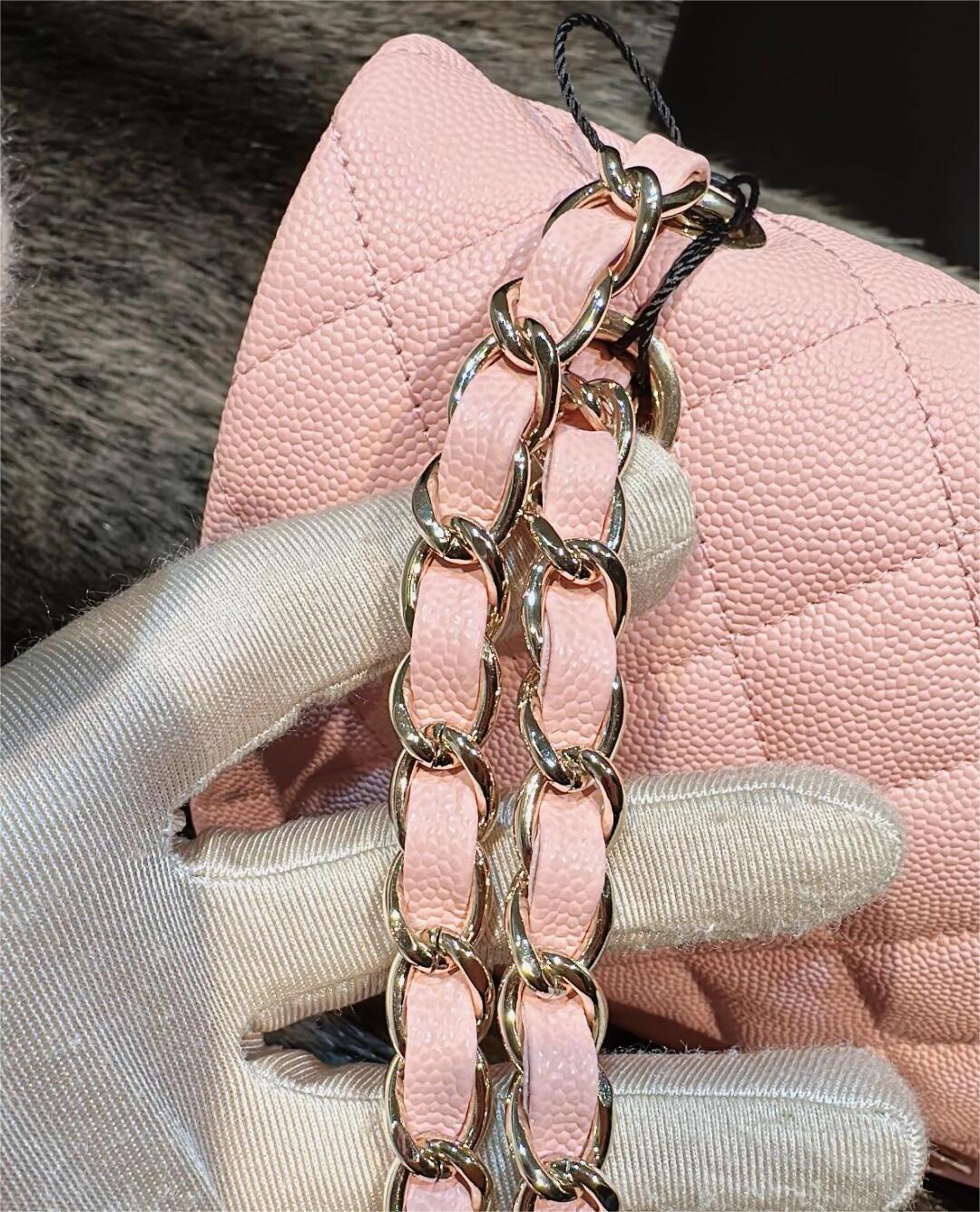 CHANEL Caviar Quilted Medium Double Flap Light Pink silvery metal