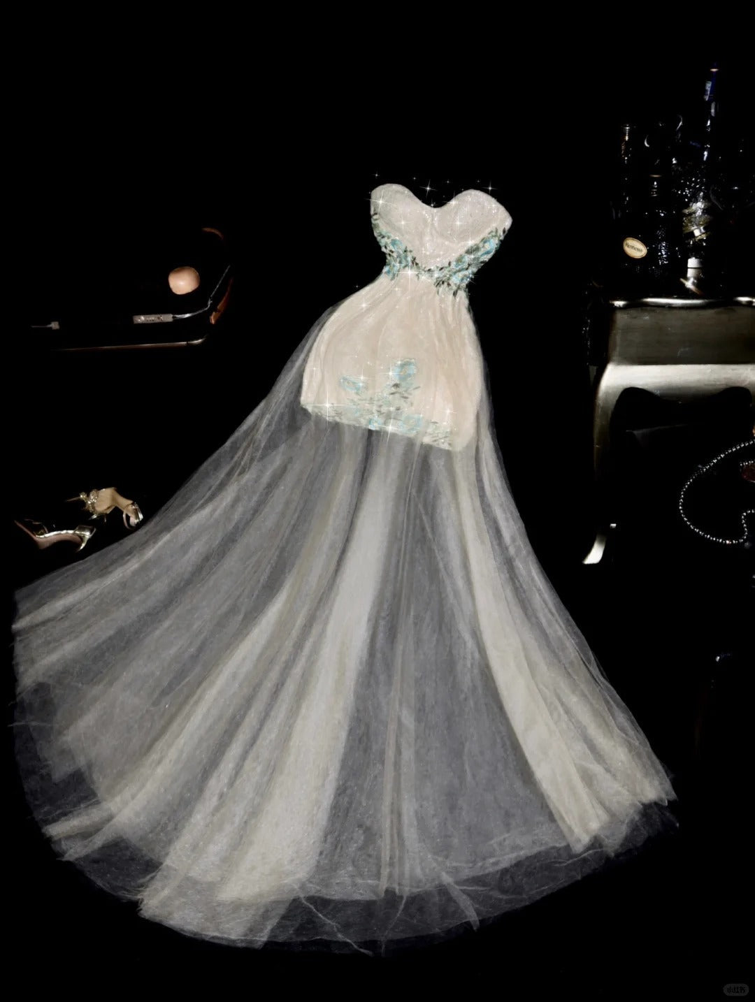 White gorgeous beaded long tulle ball gown evening dress gh4417