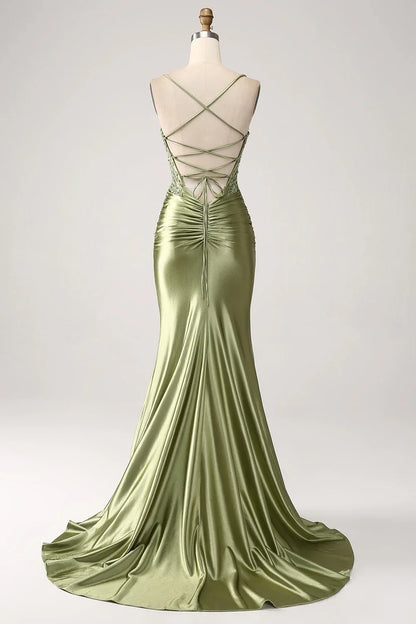 Mermaid Spaghetti Straps Lace-up Back Sequin Satin Prom Dress With Slit SH1567