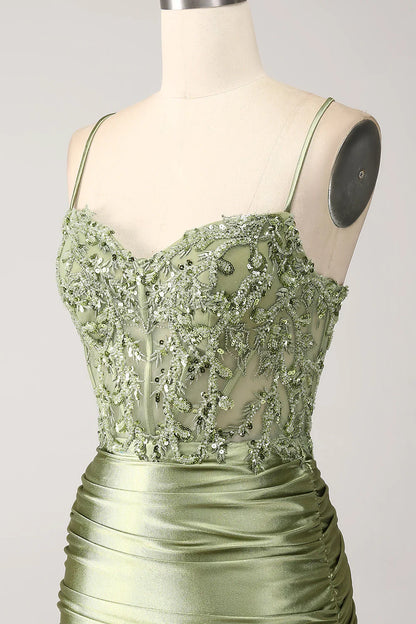 Mermaid Spaghetti Straps Lace-up Back Sequin Satin Prom Dress With Slit SH1567