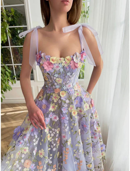Elegant A-Line Corsets Dress Wedding Guest Summer Tea Length Sleeveless Prom Dress Scoop Neck Bridesmaid Dress Tulle with Appliques DP251