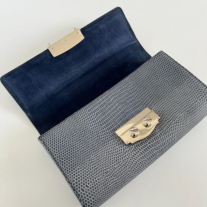 Yves Saint Laurent Lizard Embossed Blue Large Clutch
