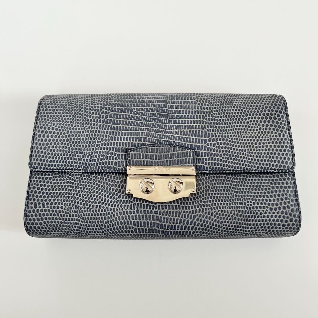 Yves Saint Laurent Lizard Embossed Blue Large Clutch